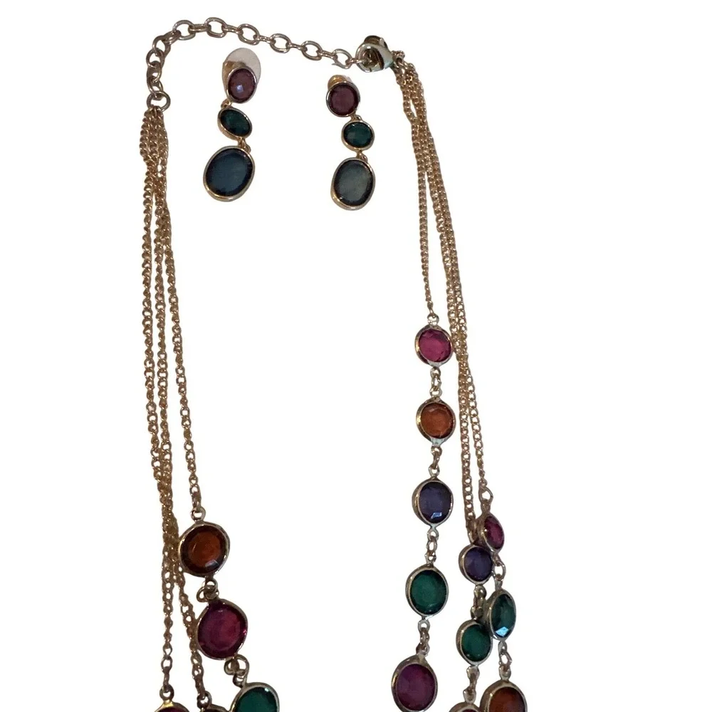 Multicolor Gemstone Statement Necklace & Earrings Set Jewel Tone Bib Necklace